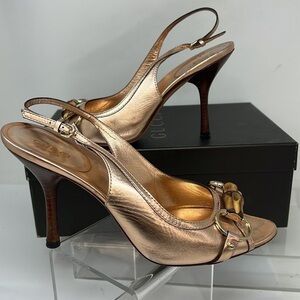 Gucci Sz 7 B Rosegold Rose Gold Leather Slingback Bamboo Horse Bit Heels